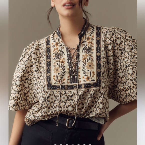 Anthropologie Medium Pleated Puff Sleeve Blouse Beige Boho Cottage Peasant - Picture 5 of 9